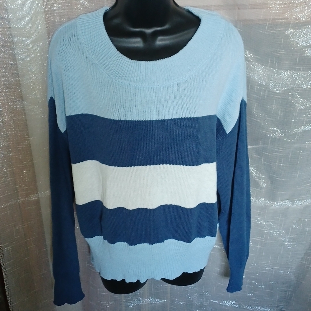 Lucky Brand Women's Blue Color Block Striped Sweater Size Medium